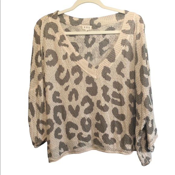 POL Vintage-inspired open weave lightweight sweater top with leopard print Small - Picture 4 of 7